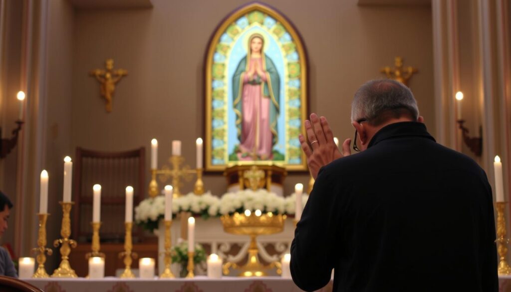 Osoba modląca się przed Najświętszym Sakramentem, w tle obraz Matki Bożej Osoba modląca się przed Najświętszym Sakramentem, w tle obraz Matki Bożej