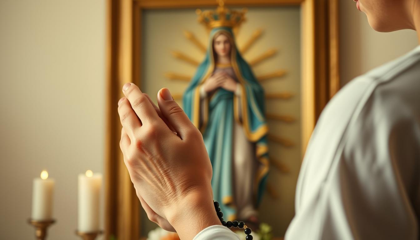 Osoba modląca się przed obrazem Matki Bożej z różańcem w dłoniach