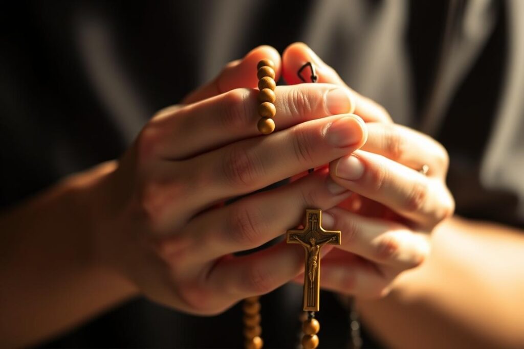 Różaniec trzymany w dłoniach podczas modlitwy, symbol duchowych znaków obecności Maryi Różaniec trzymany w dłoniach podczas modlitwy, symbol duchowych znaków obecności Maryi