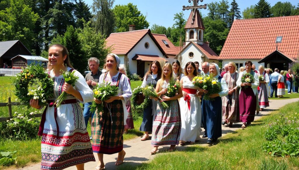 Wiejska procesja z wiankami i bukietami ziół podczas święta Wniebowzięcia NMP